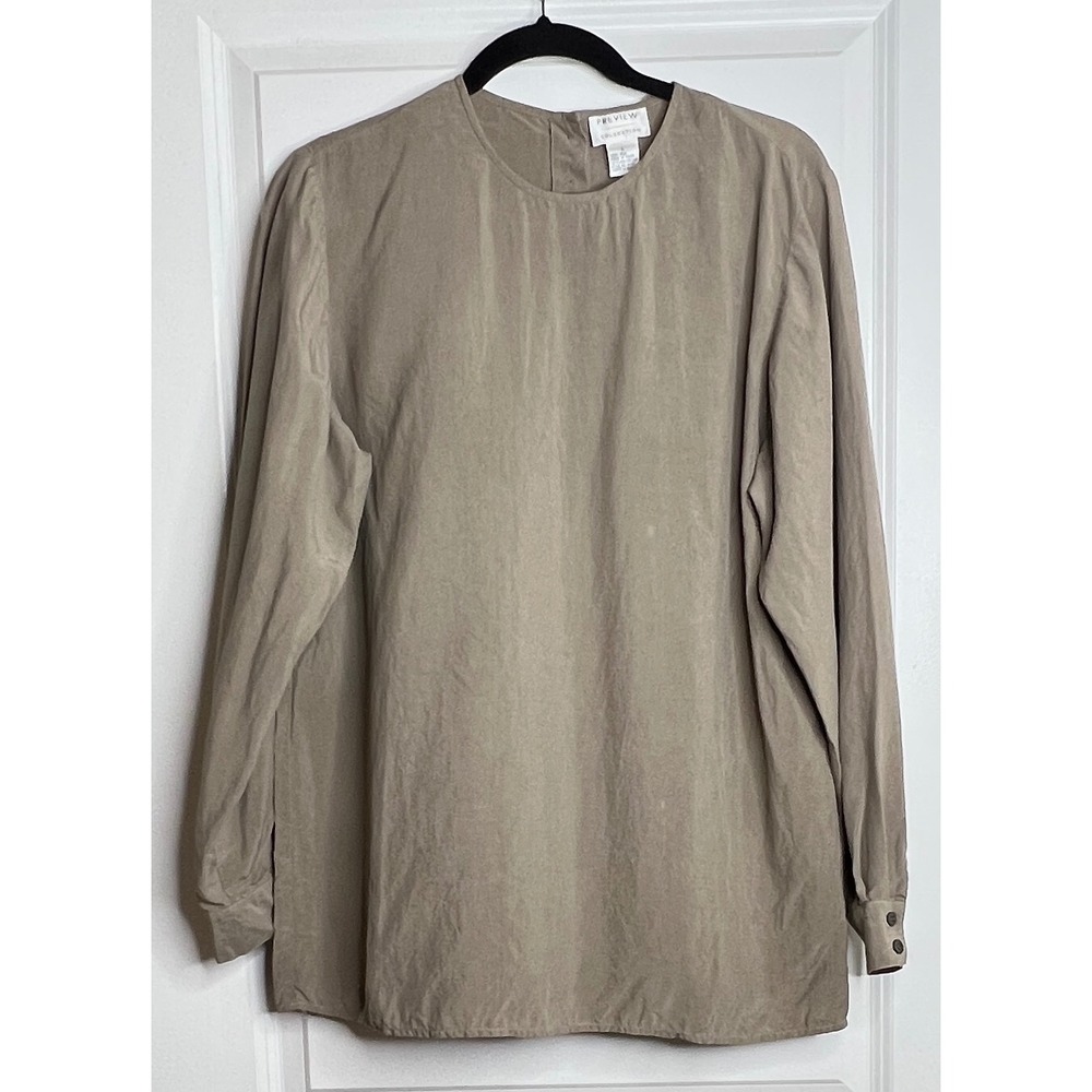 Vintage Preview Collection Womens L 100% Silk Blouse Beige Tan Long Sleeve Top